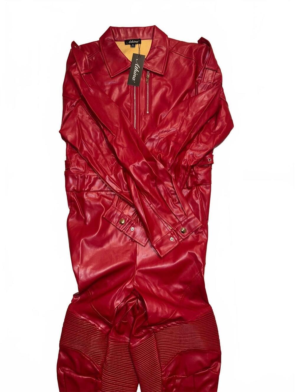 Boutique Women's Athina Faux Leather Red Moto Jumpsuit Size Medium NWT